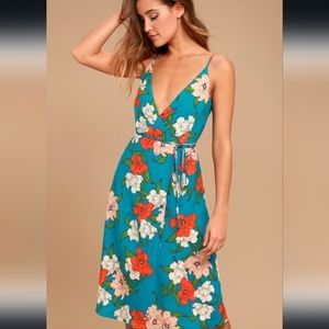 Lulu's Country Club Teal Blue Floral Print Wrap Dress